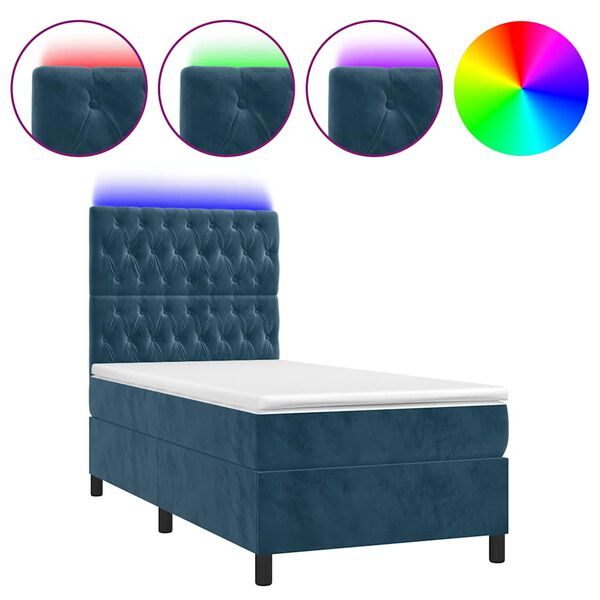vidaXL Letto a Molle con Materasso e LED Blu Scuro 90x190cm in Velluto