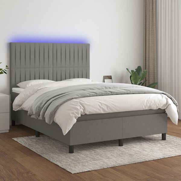 vidaXL Letto a Molle Materasso e LED Grigio Scuro 140x190cm in Tessuto