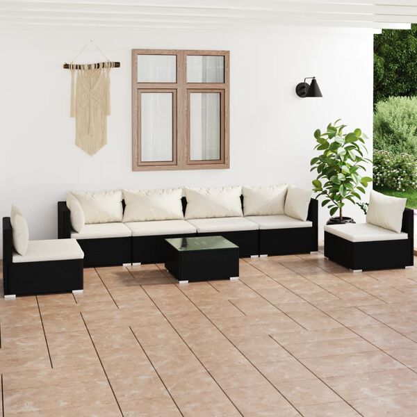 vidaXL Set Divani da Giardino 7 pz con Cuscini in Polyrattan Nero