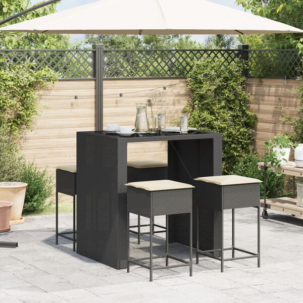 vidaXL Set Bar da Giardino 5 pz con Cuscini in Polyrattan Nero