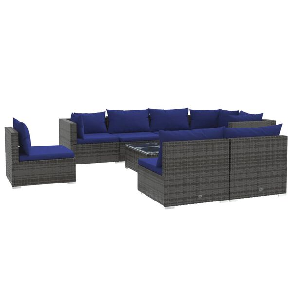 vidaXL Set Divani da Giardino 9 pz con Cuscini in Polyrattan Grigio