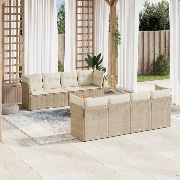vidaXL Set Divano da Giardino 9 pz con Cuscini Beige in Polyrattan