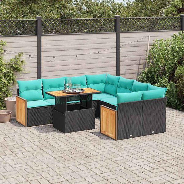 vidaXL Set Divani da Giardino 9 pz con Cuscini Nero Polyrattan Acacia