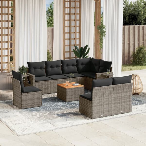 vidaXL Set Divano da Giardino 9 pz con Cuscini Grigio in Polyrattan