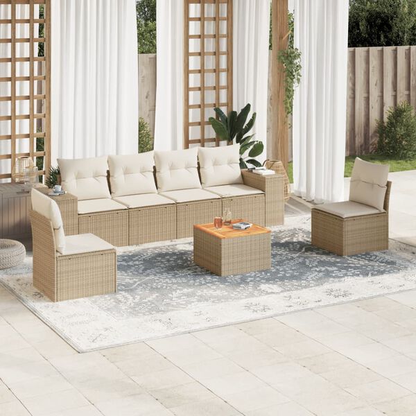 vidaXL Set Divani da Giardino 7 pz con Cuscini Beige in Polyrattan