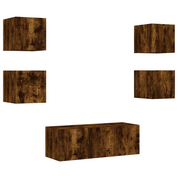 vidaXL Mobili TV a Muro con LED 6pz Rovere Fumo in Legno Multistrato