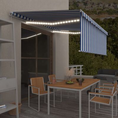 vidaXL Tenda Sole Retrattile Manuale con LED 4x3m Blu e Bianco