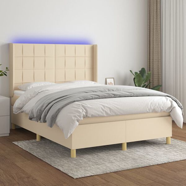 vidaXL Letto a Molle con Materasso e LED Crema 140x200 cm in Tessuto