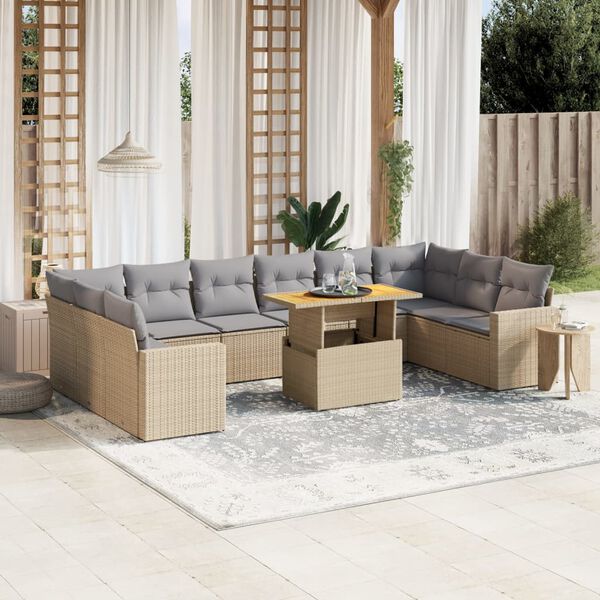 vidaXL Set Divani da Giardino 11 pz con Cuscini Beige in Polyrattan