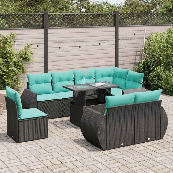 vidaXL Set Divani da Giardino 9 pz con Cuscini Nero Polyrattan Acacia