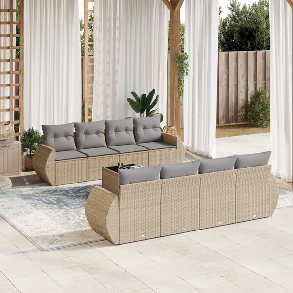 vidaXL Set Divano da Giardino 9 pz con Cuscini Beige in Polyrattan