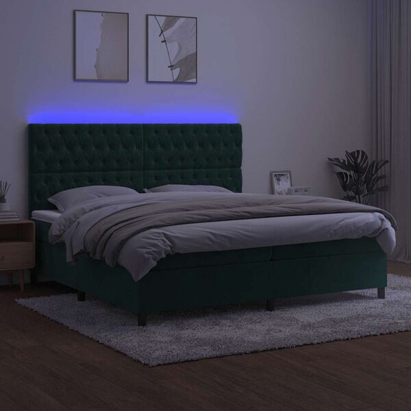 vidaXL Letto a Molle con Materasso e LED Verde Scuro 200x200cm Velluto