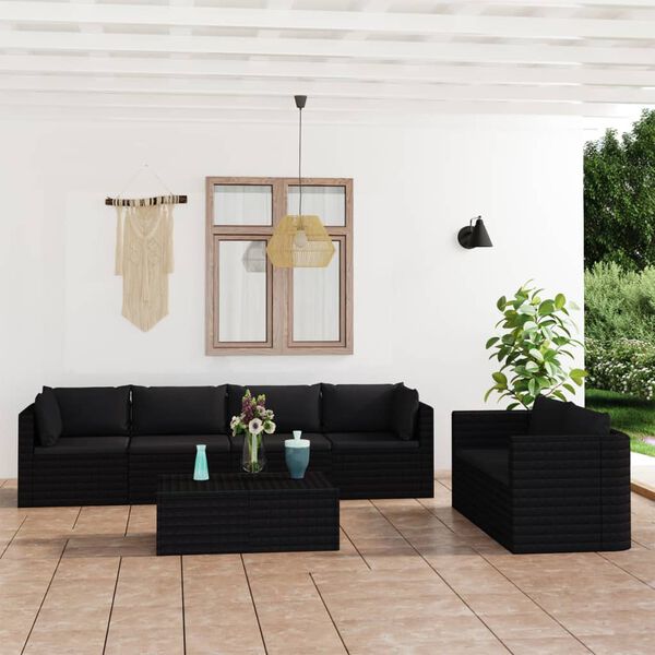 vidaXL Set Divani da Giardino 7 pz con Cuscini in Polyrattan Nero
