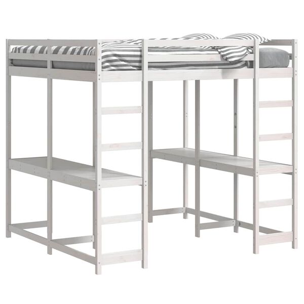 vidaXL Letto Soppalco Scrivania e Scala Bianco 160x200cm Massello Pino