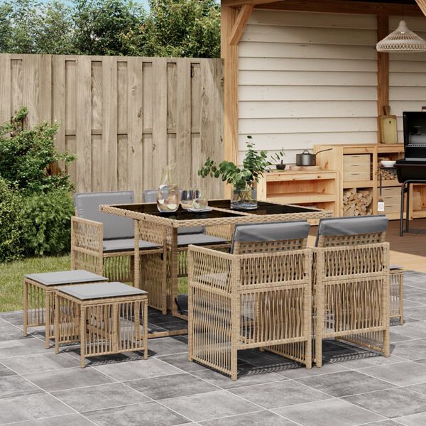 vidaXL Set Pranzo da Giardino 9 pz con Cuscini Beige Misto Polyrattan
