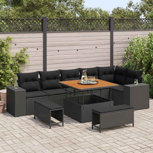 vidaXL Set Divano da Giardino con cuscino 9 pcs Nero polyrattan