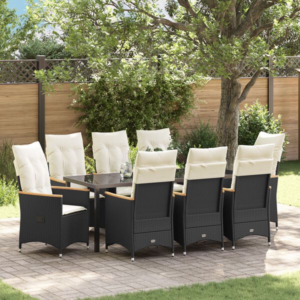 vidaXL Set da Pranzo per Giardino con cuscino 9 pcs Nero polyrattan
