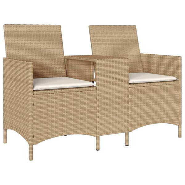 vidaXL Divano Giardino 2 Posti con Tavolo e Cuscini Beige Polyrattan