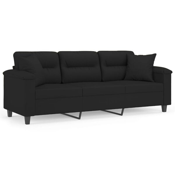 vidaXL Divano a 3 Posti con Cuscini Nero 180 cm in Tessuto Microfibra