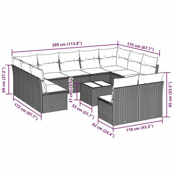 vidaXL Set Divano Giardino 12 pz con Cuscini Grigio Chiaro Polyrattan