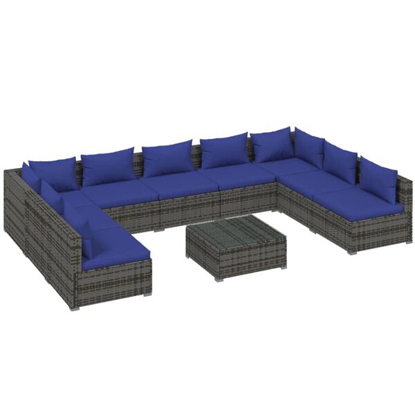vidaXL Set Divani da Giardino 10 pz con Cuscini in Polyrattan Grigio