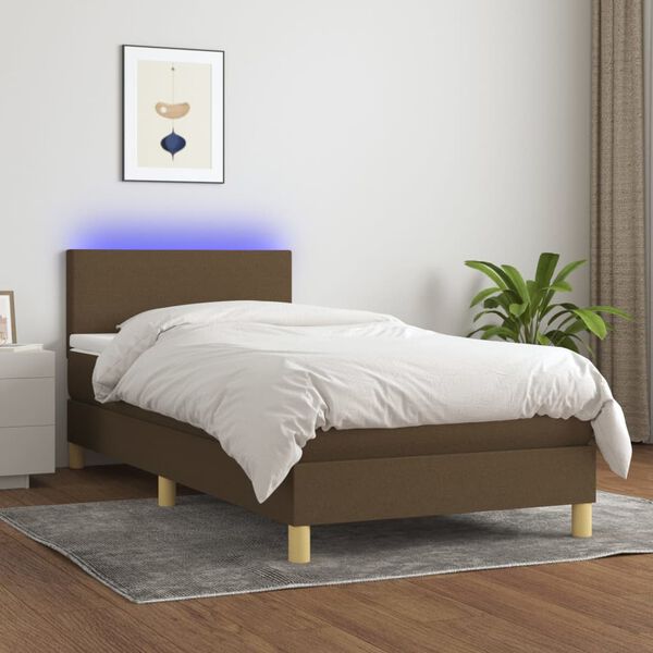 vidaXL Letto a Molle Materasso e LED Marrone Scuro 90x200cm in Tessuto
