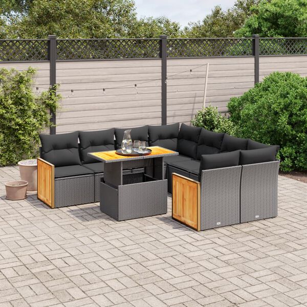 vidaXL Set Divani da Giardino 9 pz con Cuscini Nero in Polyrattan