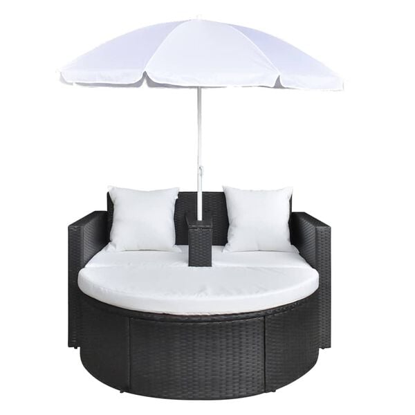 vidaXL Lettino da Giardino con Ombrellone Nero in Polyrattan