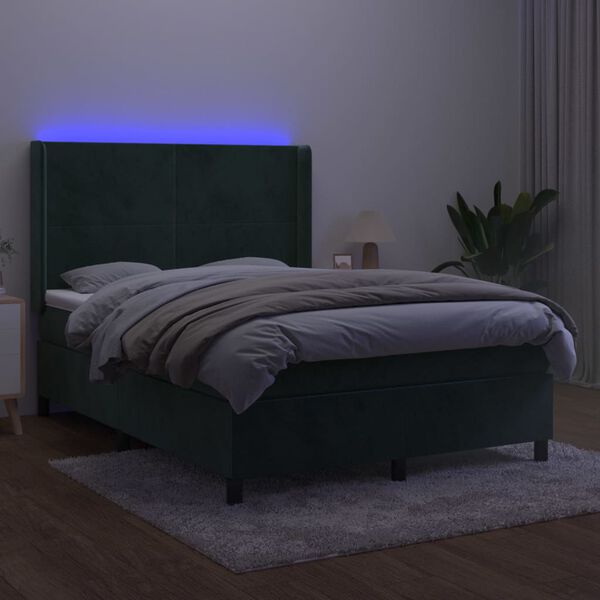 vidaXL Letto a Molle con Materasso e LED Verde Scuro 140x200cm Velluto