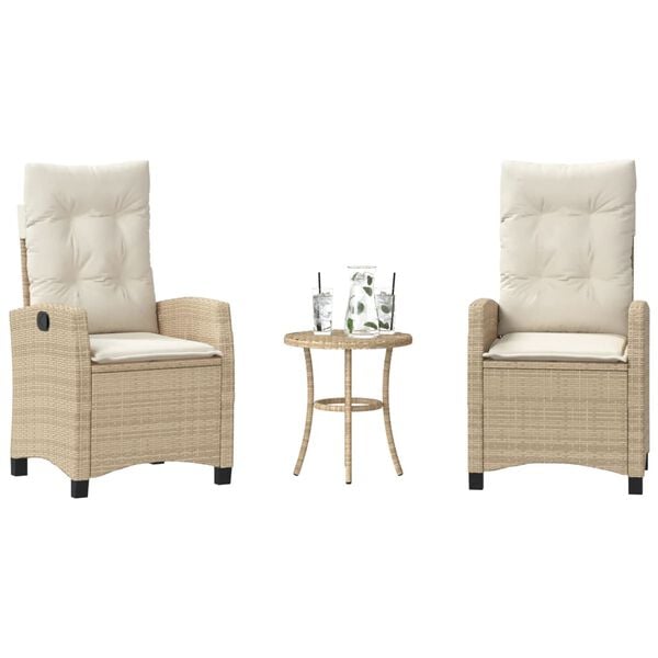 vidaXL Set da Bistr&ograve; 3 pz con Cuscini Beige in Polyrattan