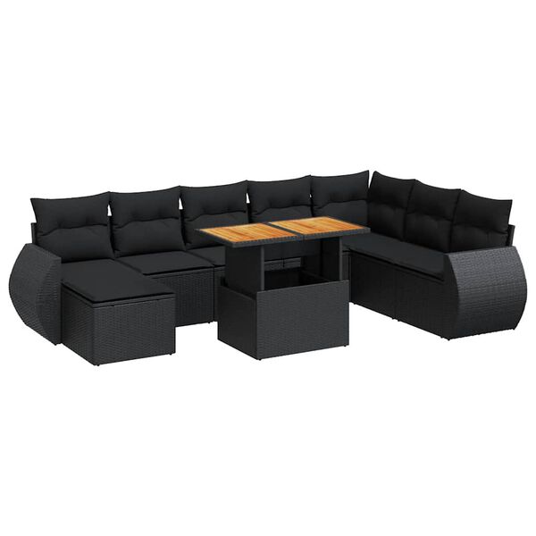 vidaXL Set Divani da Giardino 9 pz con Cuscini Nero in Polyrattan