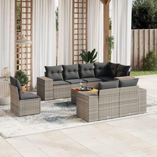 vidaXL Set Divano da Giardino 9 pz con Cuscini Grigio in Polyrattan