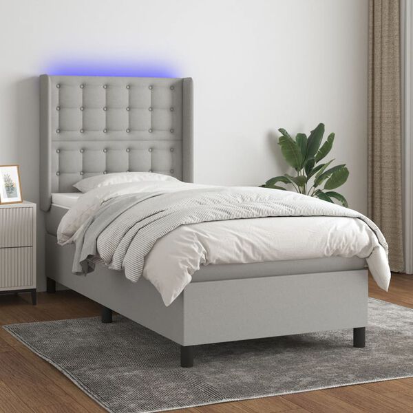 vidaXL Letto a Molle Materasso e LED Grigio Chiaro 90x200 cm Tessuto