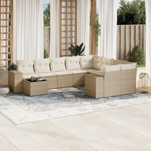 vidaXL Set Divano da Giardino 10 pz con Cuscini Beige in Polyrattan