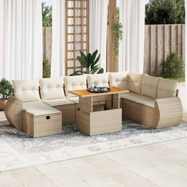 vidaXL Set Divano da Giardino 9 pz con Cuscini Beige Polyrattan Acacia