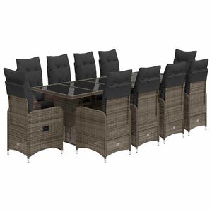 vidaXL Set Bistr&ograve; da Giardino 11 pz con Cuscini in Polyrattan Grigio