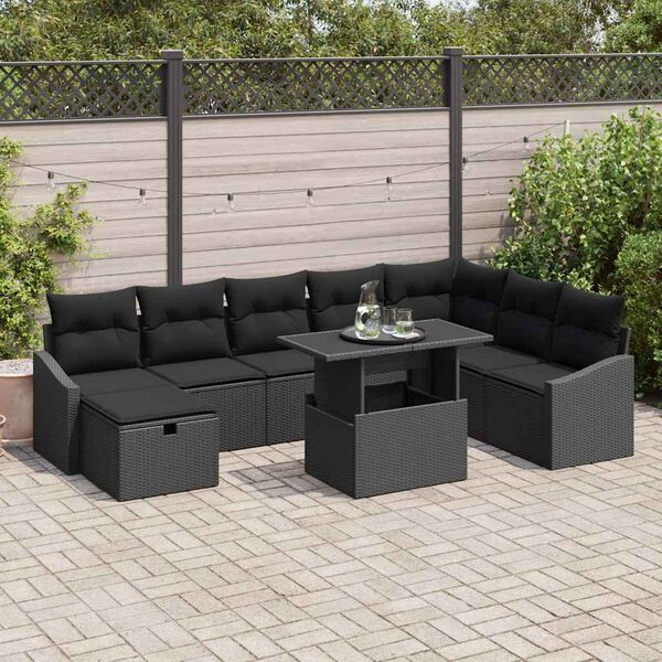 vidaXL Set Divano da Giardino 9 pcs Nero polyrattan