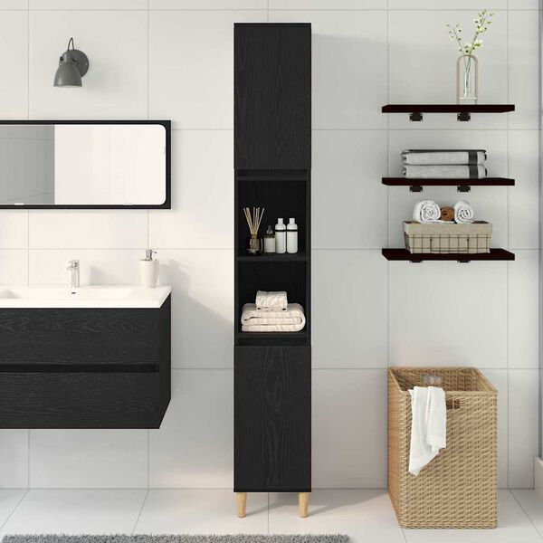 vidaXL Mobile da Bagno Rovere Nero 30 x 30 x 190 cm Legno multistrato