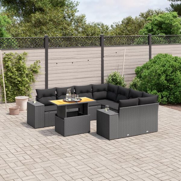 vidaXL Set Divani da Giardino 9 pz con Cuscini Nero in Polyrattan