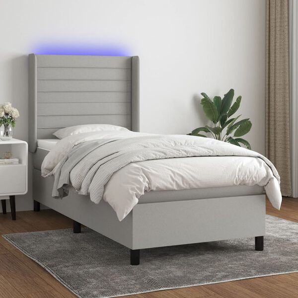 vidaXL Letto a Molle Materasso e LED Grigio Chiaro 90x190 cm Tessuto