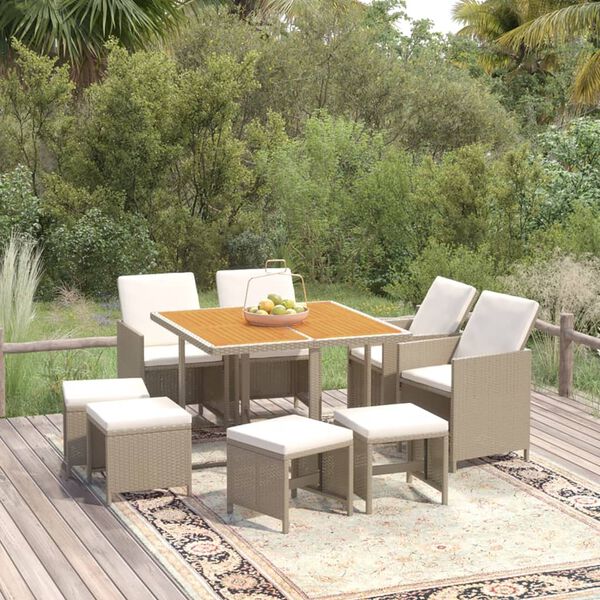 vidaXL Set da Pranzo da Giardino 9 pz con Cuscini in Polyrattan Beige