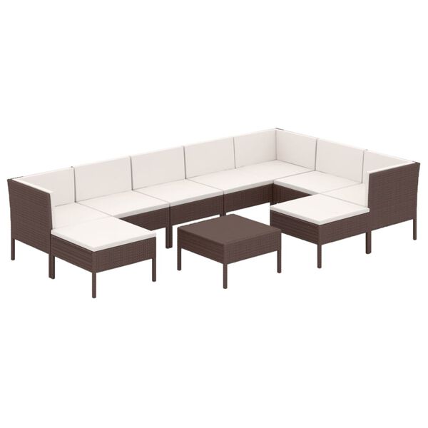 vidaXL Set Divani da Giardino 10 pz con Cuscini in Polyrattan Marrone