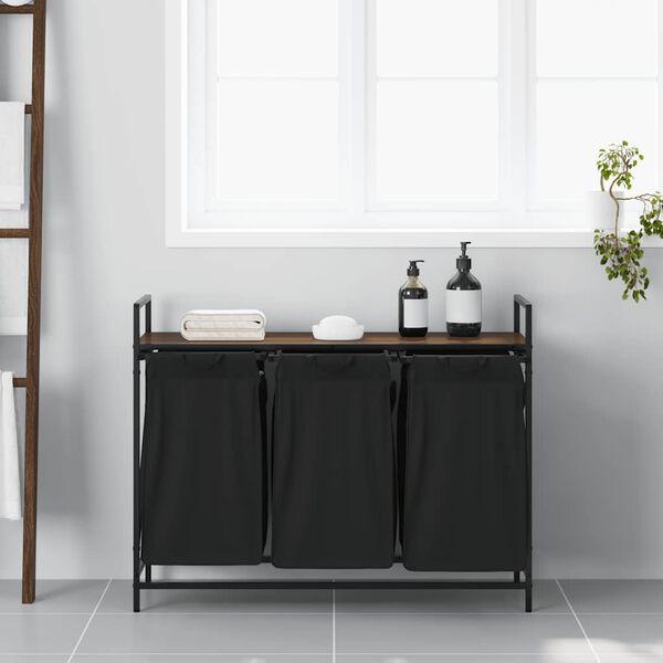 vidaXL Cesto della Biancheria 3 Scomparti con Ripiano Rovere Marrone