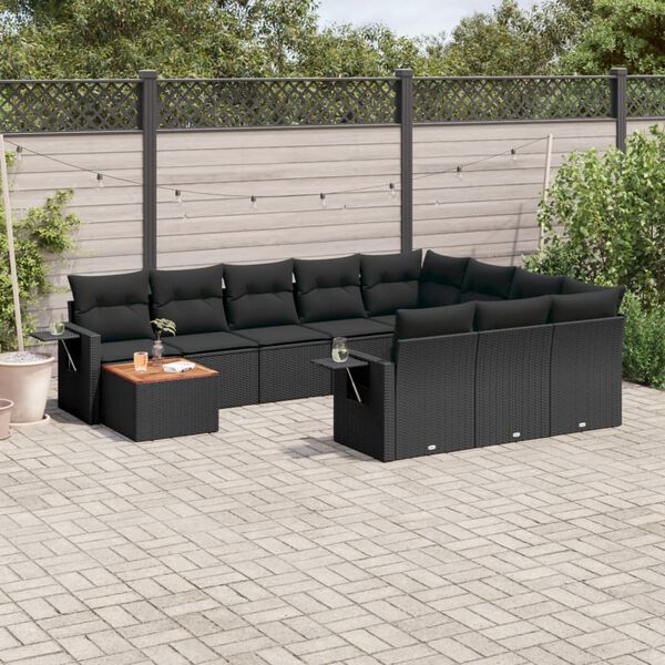 vidaXL Set Divani da Giardino 11 pz con Cuscini in Polyrattan Nero