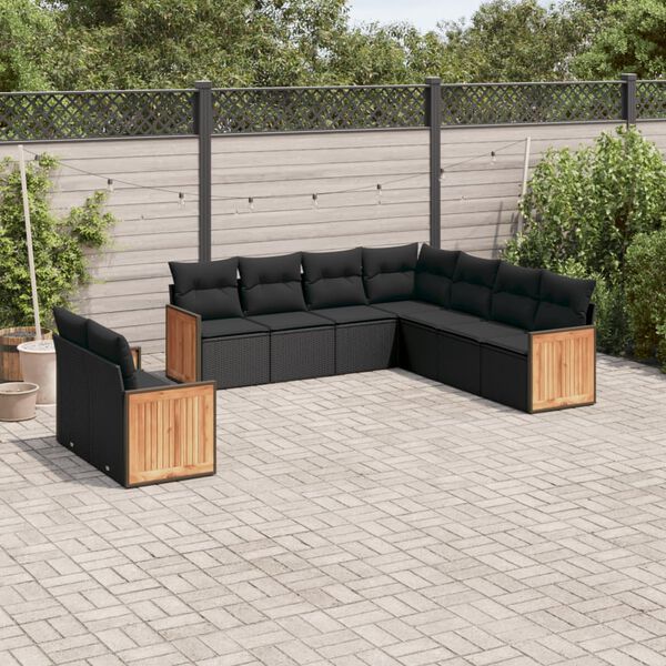 vidaXL Set Divani da Giardino 9 pz con Cuscini Nero in Polyrattan
