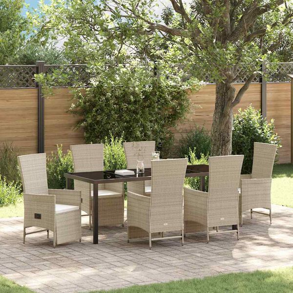 vidaXL Set da Pranzo per Giardino con cuscino 7 pcs Beige polyrattan