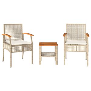 vidaXL Set da Bistr&ograve; 3 pz con Cuscini Beige Polyrattan e Legno Acacia