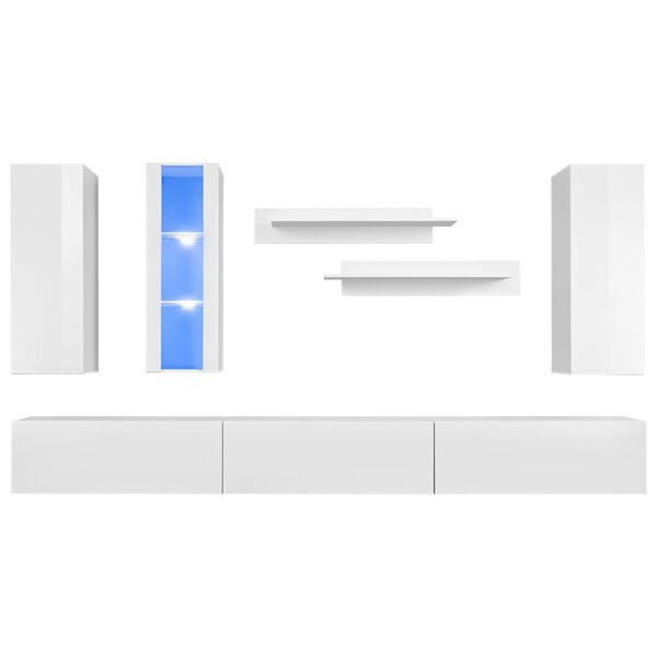 vidaXL Set Parete Attrezzata Porta TV con Luci LED 8 pz Bianco Lucido