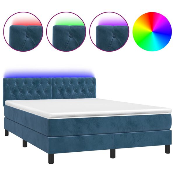 vidaXL Letto a Molle con Materasso e LED Blu Scuro 140x190 cm