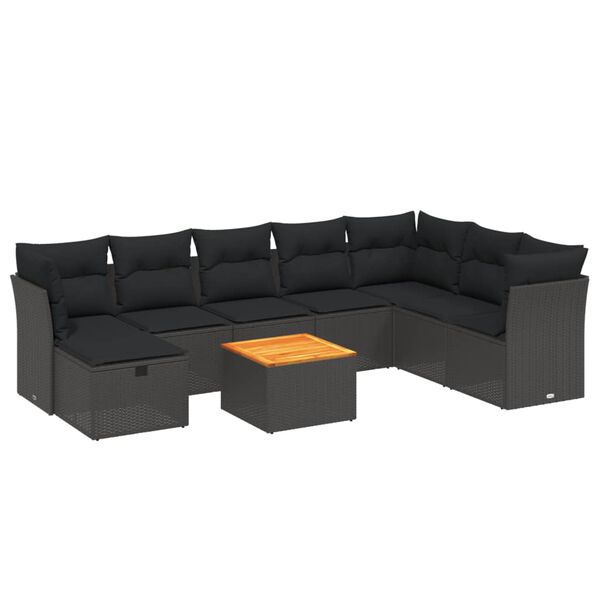 vidaXL Set Divani da Giardino 9 pz con Cuscini Nero in Polyrattan